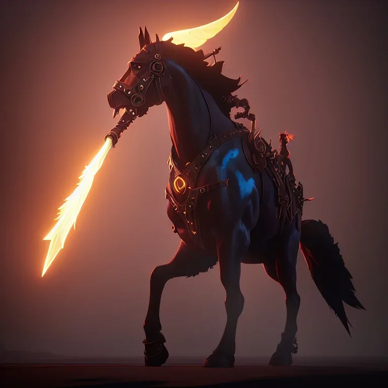  horse with black wings spewing flames from its mouth, holds a huge ax in his hand, and stands at the edge of the universe, steampunk, unreal 5, octane render, cinema4d, dynamic lighting, dramatic lighting, 4k, redshift render, highly detailed, hyper realistic