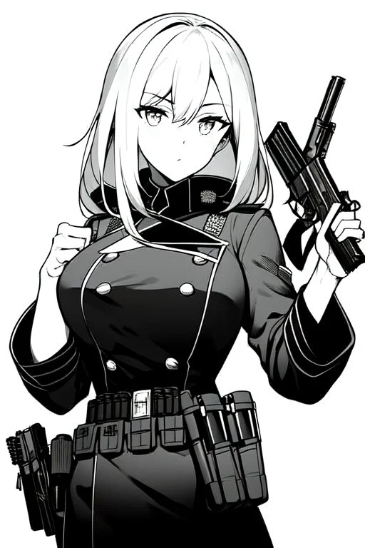 military girl takes out pistol, greyscale