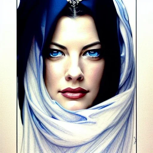 Epic Drawing of a Photorealistic dramatic hyperrealistic Liv Tyler,Crystal blue eyes arab ameera al taweel with black hair, white veil, elegant, by WLOP,Artgerm,Greg Rutkowski,Alphonse Mucha, Sandro Boticcelli, Gustav Klimt ,Beautiful ,busty, dynamic,shadows,Artstation,concept design art,Octane render,8K