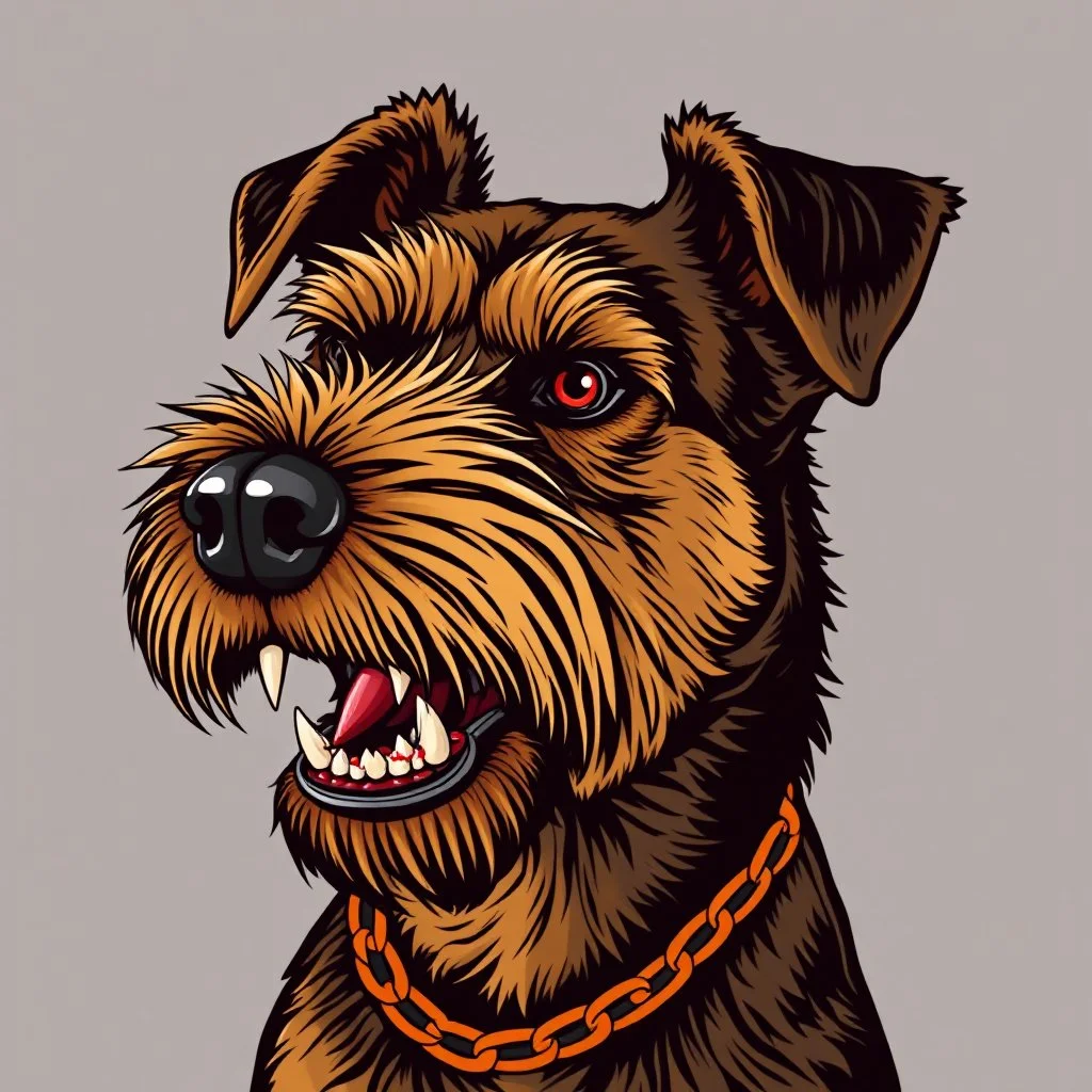 head of angry Airedale Terrier dog, facing viewers left, with blood shot eyes and bloodied teeth and bushy fur, an orange color chain collar around neck, vector