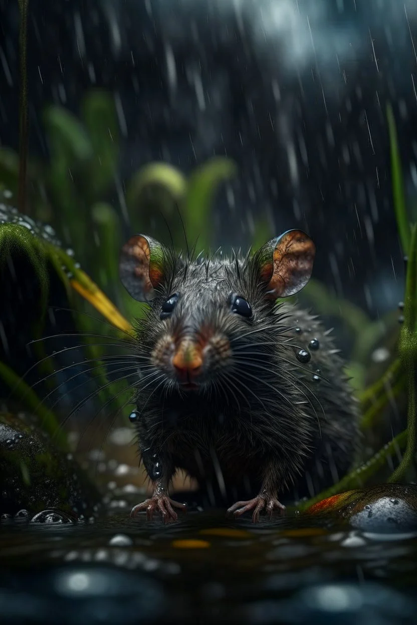 rat cat won the beauty contest through dark clouds, portrait in weird waterfall in moist swamp planet , photo-realistic, shot on Hasselblad h6d-400c, zeiss prime lens, bokeh like f/0.8, tilt-shift lens 8k, high detail, smooth render, down-light, unreal eng