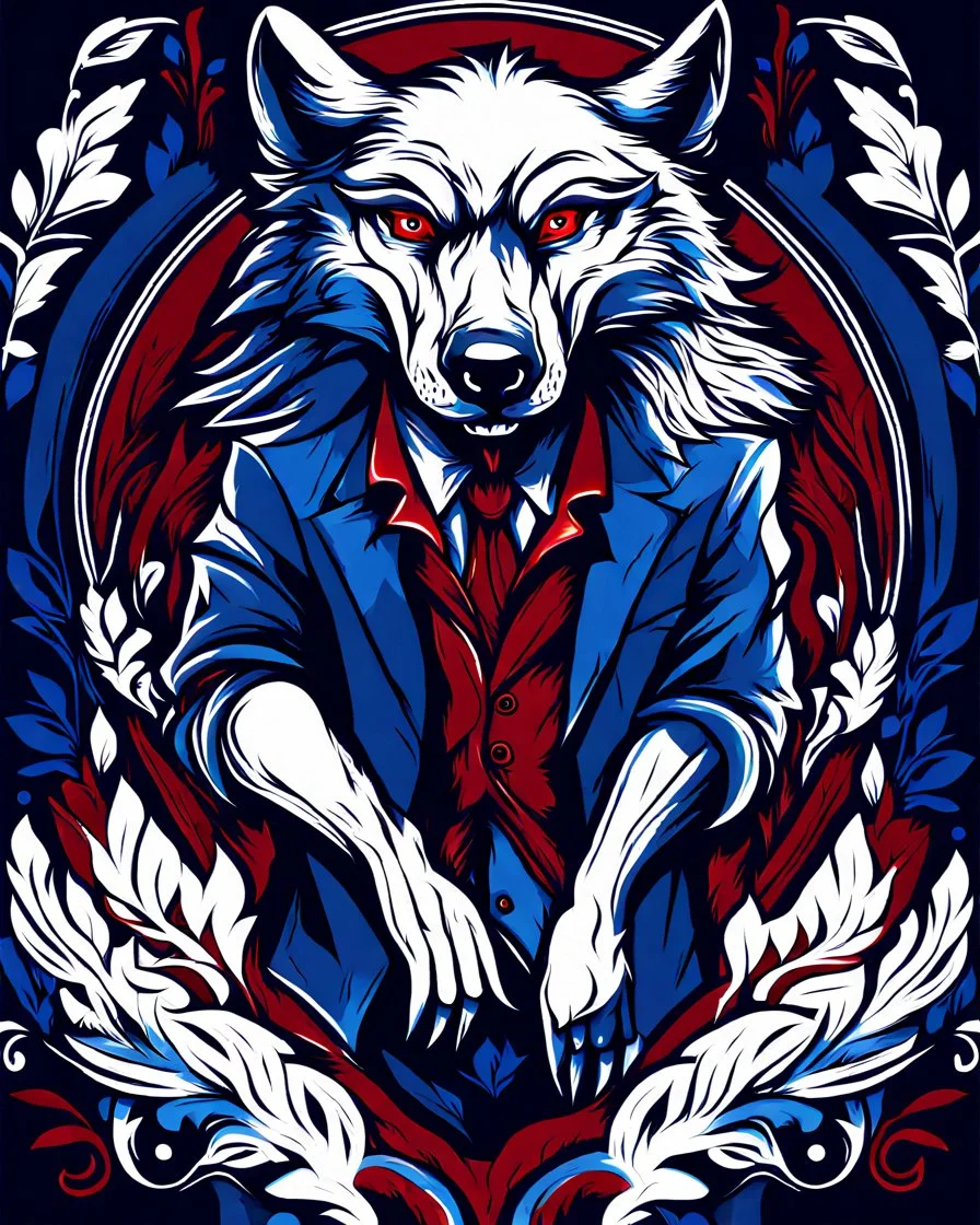 anthropomorphic wolf full body art illustration black background red, blue and white color