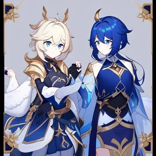 Clear Focus, High resolution, Genshin, white fluffy medium hair, blue eyes, dark blue sleeveless crop top, cut sleeves are white for the main color and secondary color is dark blue, wearing a short white skirt, wearing black fingerless gloves, golden antlers, Line art