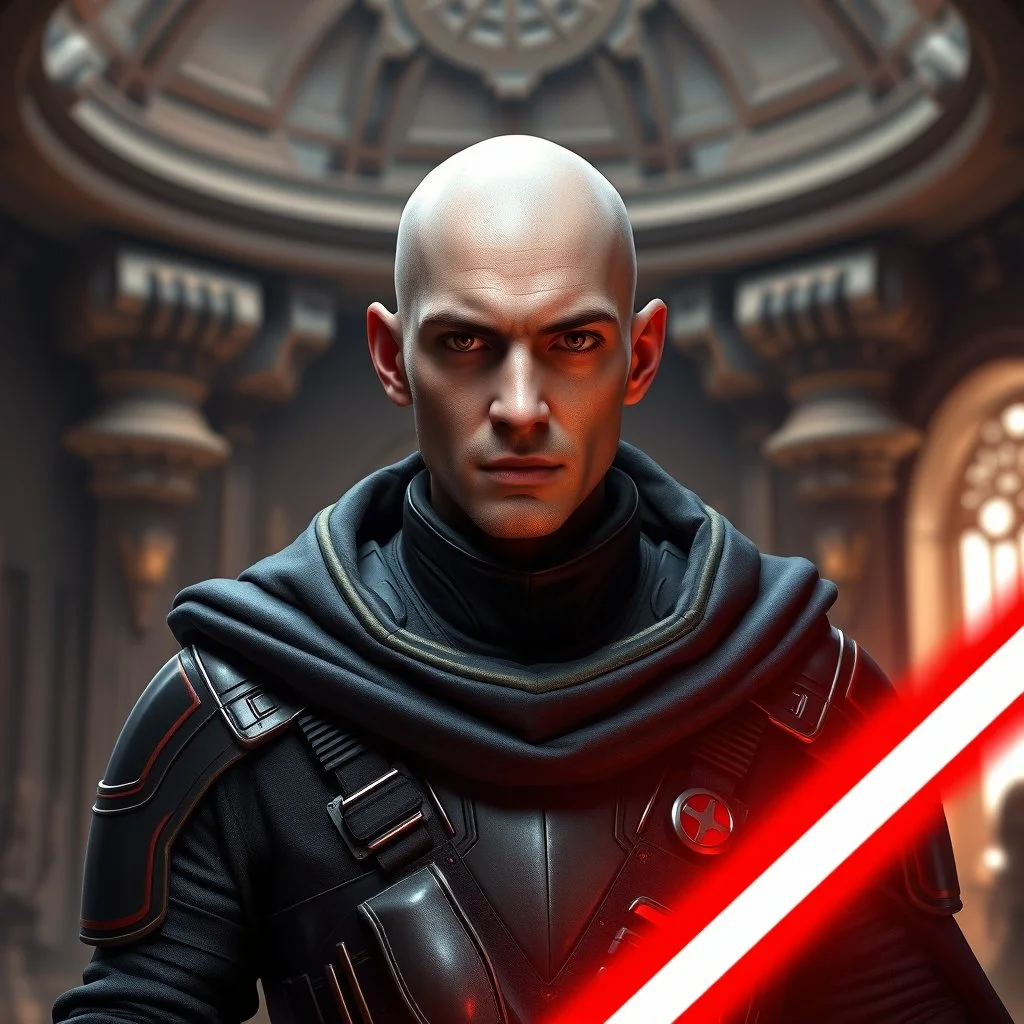 star wars bald male corellian jedi wearing gunmetal grey and black old republic armored flightsuit with gold and metallic red trim inside the jedi temple, centered head and shoulders portrait, hyperdetailed, dynamic lighting, hyperdetailed background, 8k resolution, volumetric lighting, light skin, fully symmetric details