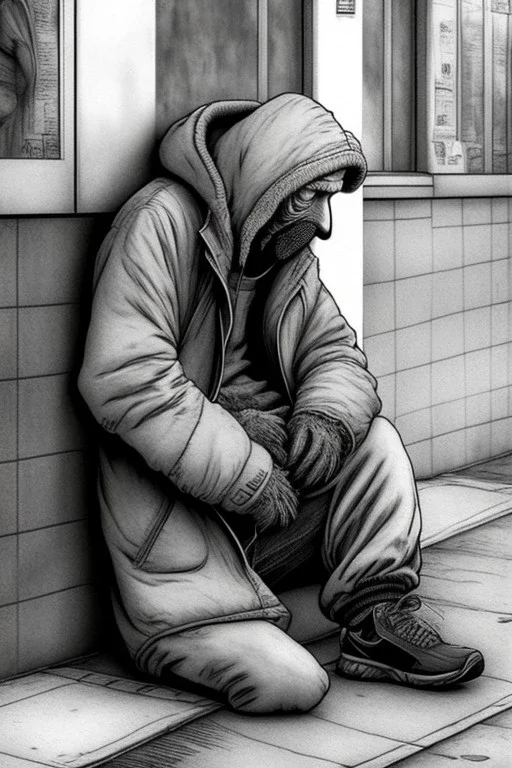 One single mature homeless cockatoo with worn out clothes, sleeping in a corner on the street, Vienna, mourning, model style, hyper realistic, extremely accurate, delicate, extremely detailed, Graphic novel style, wide-angle, open aperture, superfine pencil