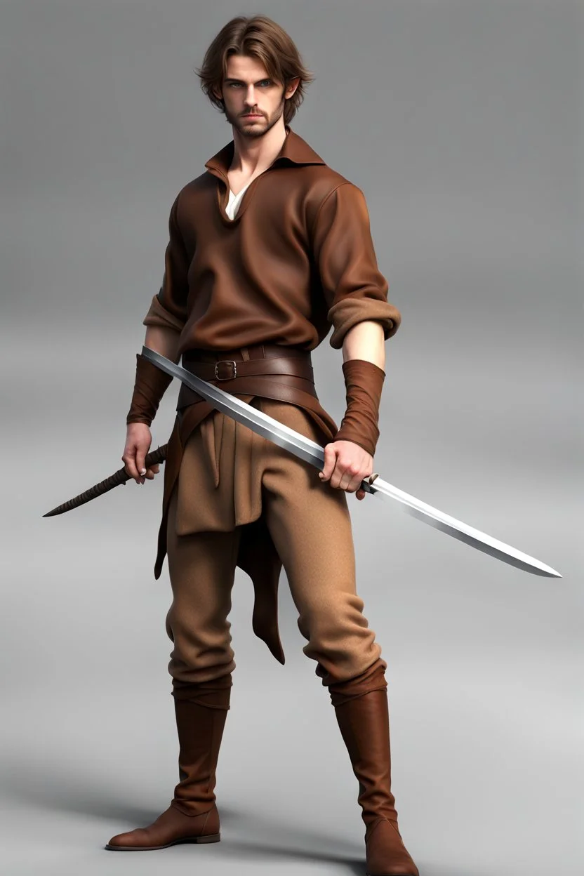 wide fantasy young noble swordman short brown hair photorealistic