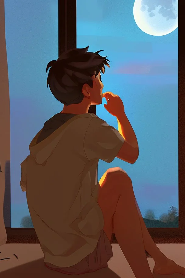 a depressed boy looking at the moon at night sitting on his window