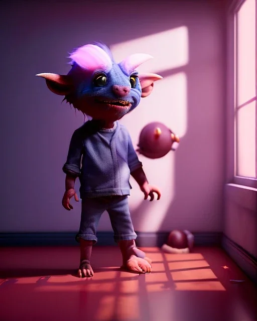 Room boy scene with color hair monster, Steven Spielberg style, realistic photo, sweet, concept art, smooth, unreal engine 5, god lights, ray tracing, RTX, lumen lighting, ultra detail, volumetric lighting, 3d.