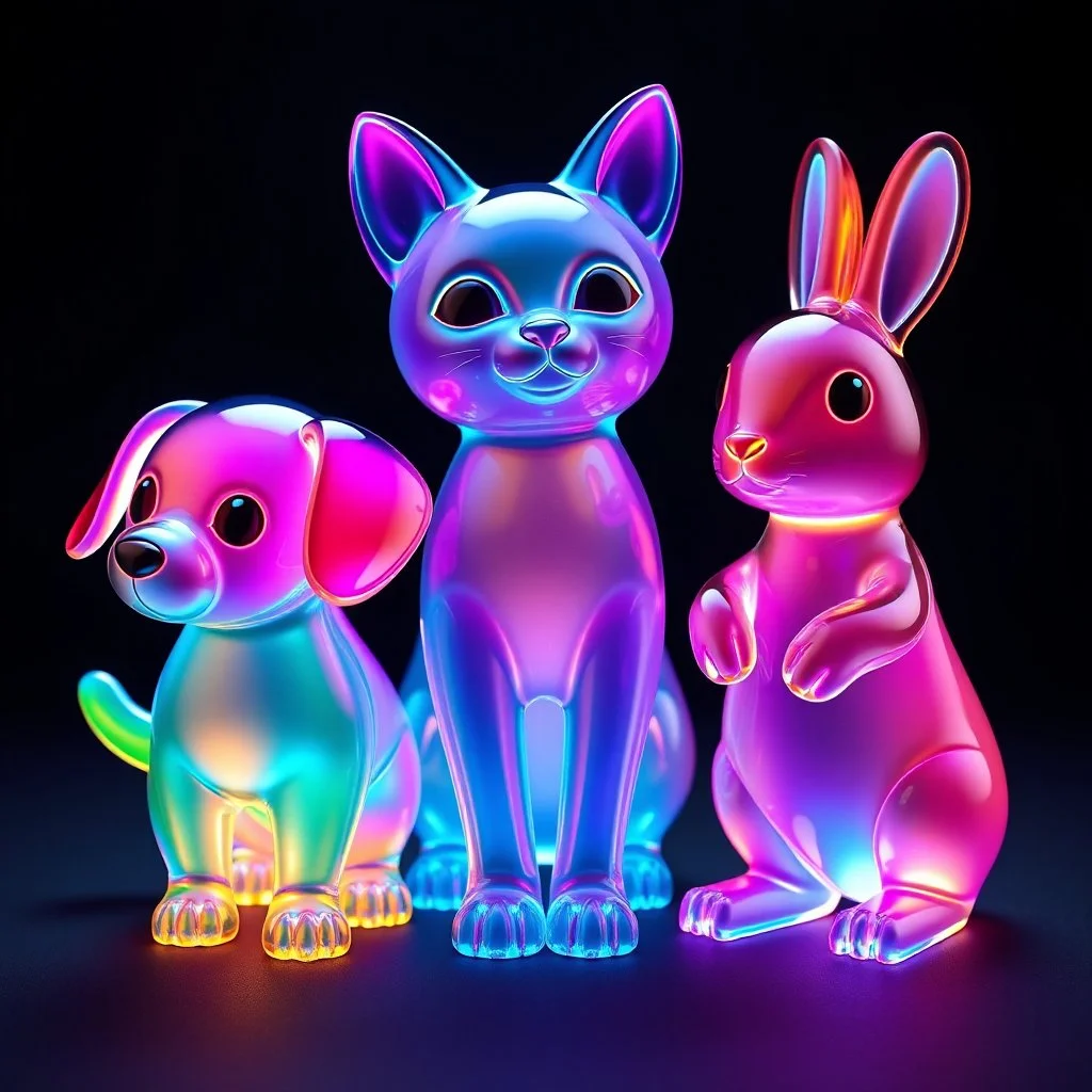 Three colored translucent 3D animals — a small dog, a cat, and a rabbit — standing together, each made of glowing glass-like material with vibrant iridescent gradients of cyan, magenta, amber, and violet glowing from within. Subsurface scattering, refractions, and caustics pass light through their transparent bodies, revealing soft inner structures. Cute proportions with rounded forms, floating in a dark void, volumetric lighting, octane render, hyperrealistic, ultra-detailed, 8k, trending on Ar