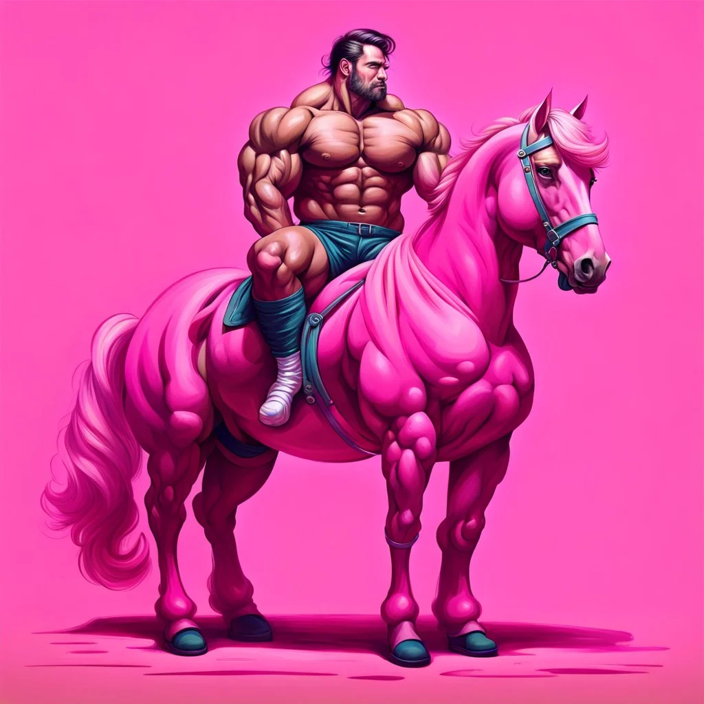 a big muscle man sitting on a pink horse.like 19th painting