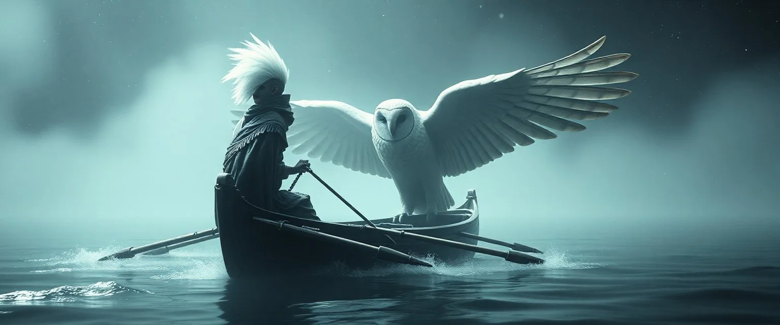 depth of field, volume light, fog, a fluffy quickling egyptian bald hat looks like the opposite of a vampire in bunad leaning on statue of twister interdimensional sci fi boat with oars that looks like wings gliding through space waters under the biggest owl