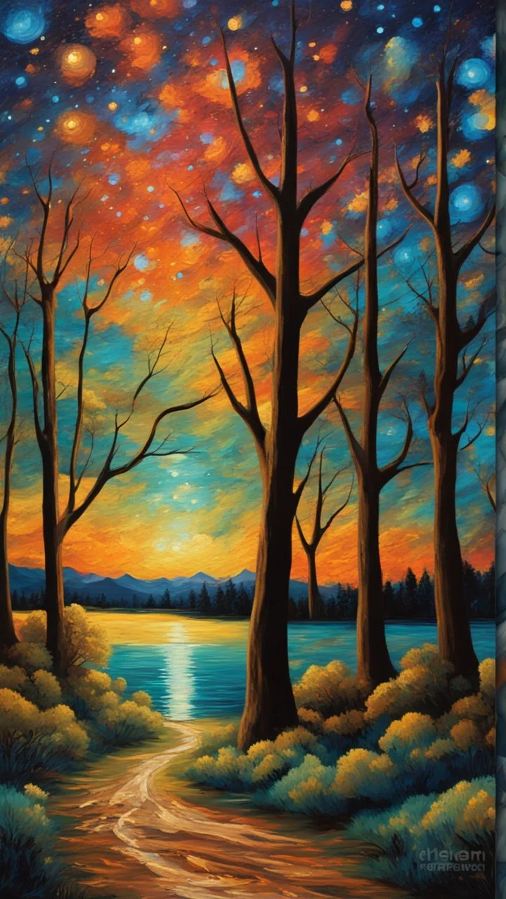 Painting of the night sky with stars and trees, colorful night sky, starry night painting, magical forest background, night background, vibrant painting, atmospheric dream painting, night sky background, colorful painting, colorful stars, Beautiful paint art, dream landscape art, beautiful painting, oil painting, oil painting on canvas, inspired by Vincent Van Gogh