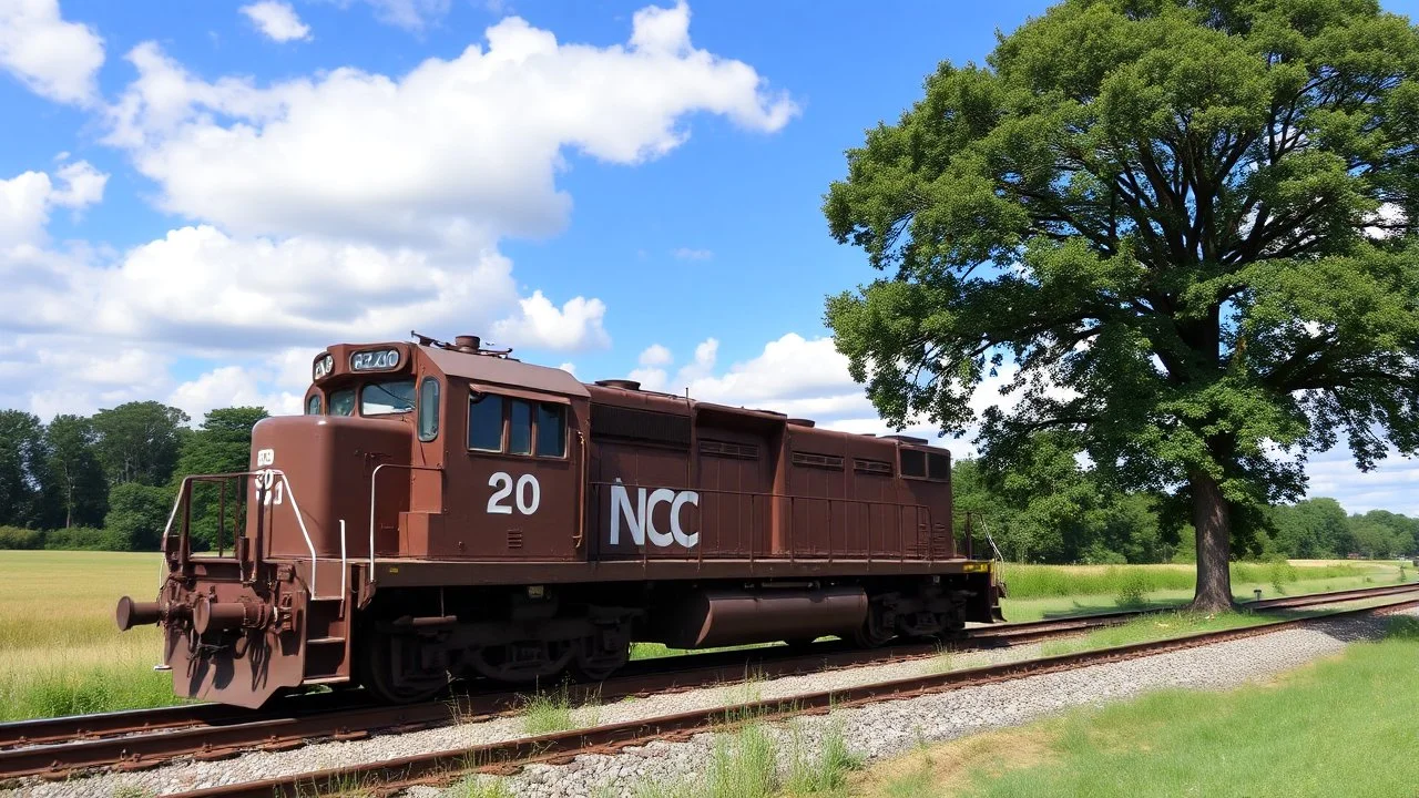 a brown train engine with the number 20 on it. The engine is a diesel locomotive with the word "NCCO" written on the side in white letters. It is sitting on a railway track with a tree on the right side and a grassy field on the left side. The sky is blue with white clouds and there are trees in the background. The train appears to be in motion, as if it is moving along the track. The overall mood is peaceful and serene.