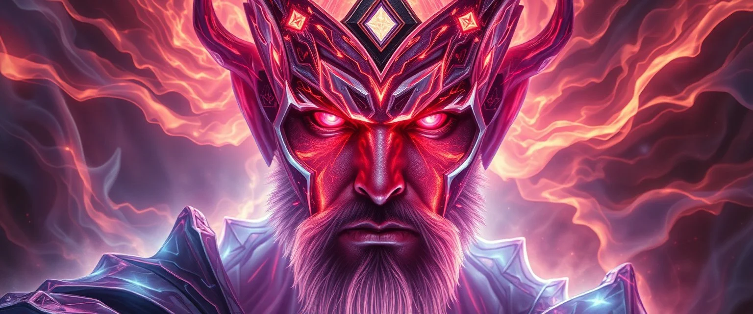 close up portrait of a plasma king flickers like hypnotic fire in geometric shapes like a dna swirl of time and a fearsome planeswalker