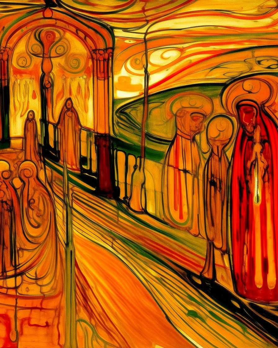 A golden orange colored ironworks painted by Edvard Munch