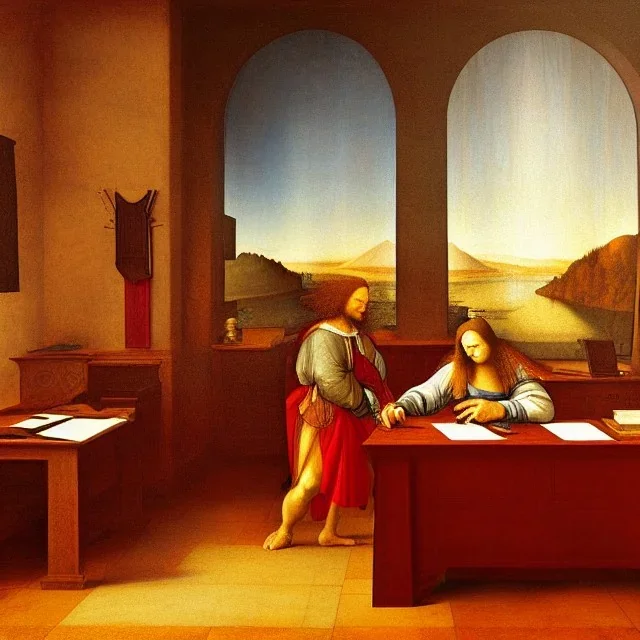 leonardo da vinci works in his study on a laptop at his desk. painting in photoshop. hyperdetailed, warm colors, movie poster, photoillustration, oil on canvas, lens flare