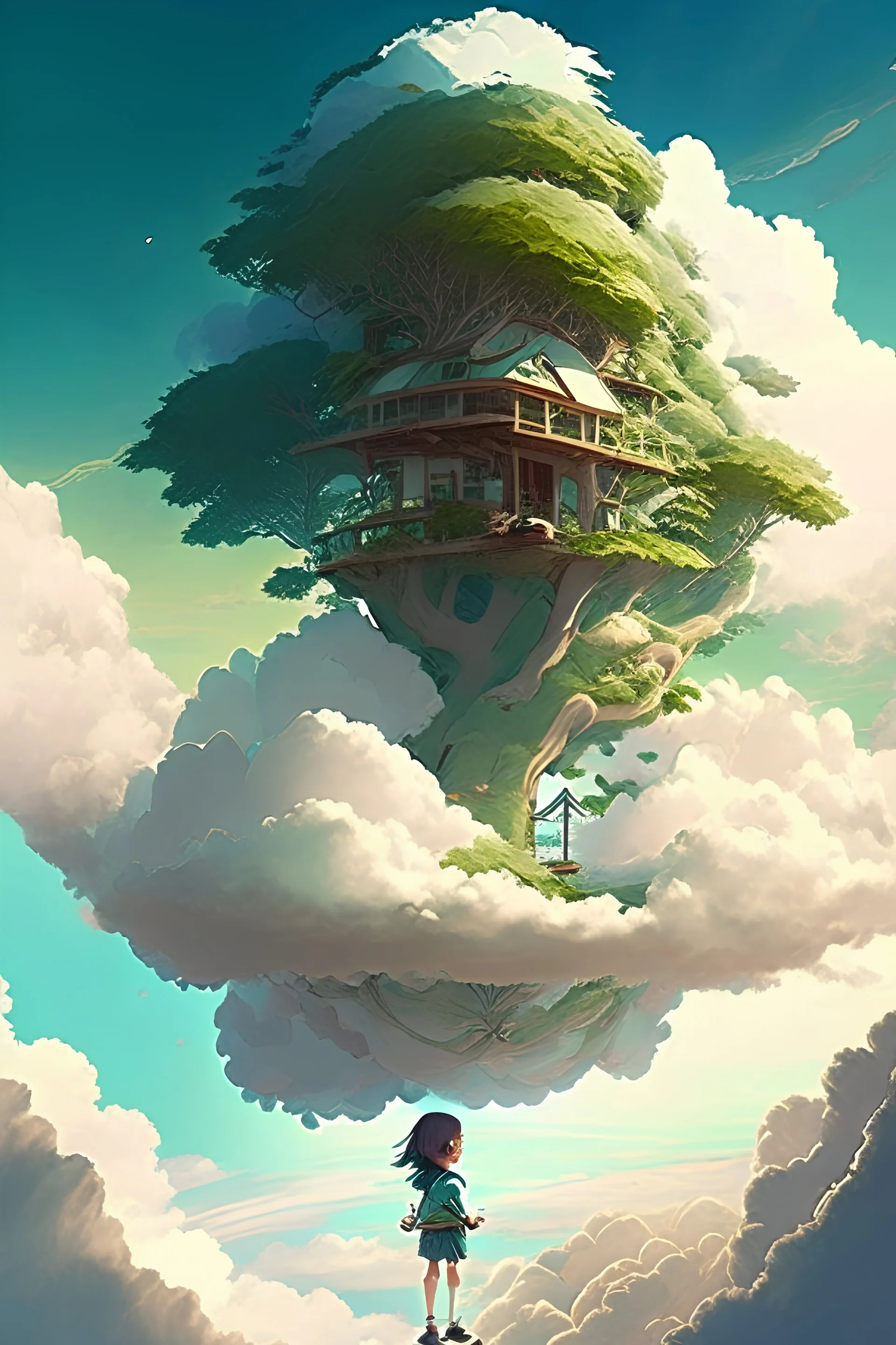 A giant tree house descending from the sky, inspired by science fiction, green leaves above the clouds, a view from above, a beautiful sunrise, dense white clouds, a small and cute child standing holding a doll