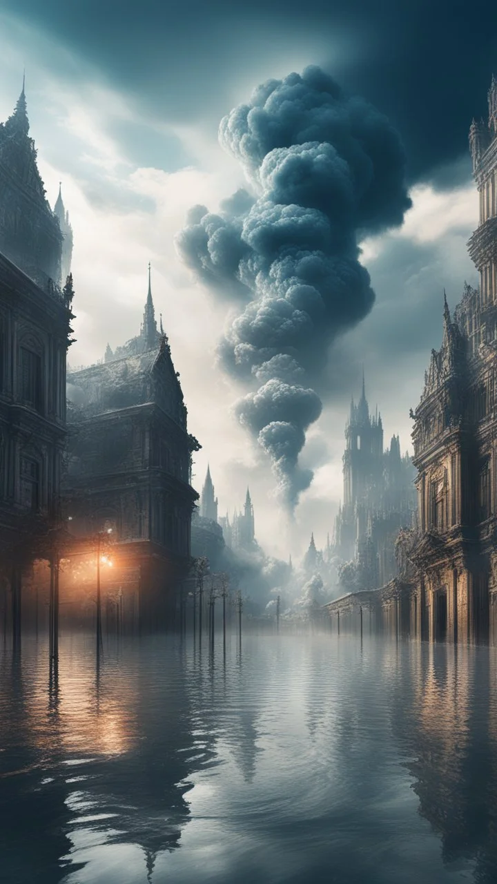 Fantasy world experiencing flood of a big city half covered with water and The sky is clouded with smoke and ash