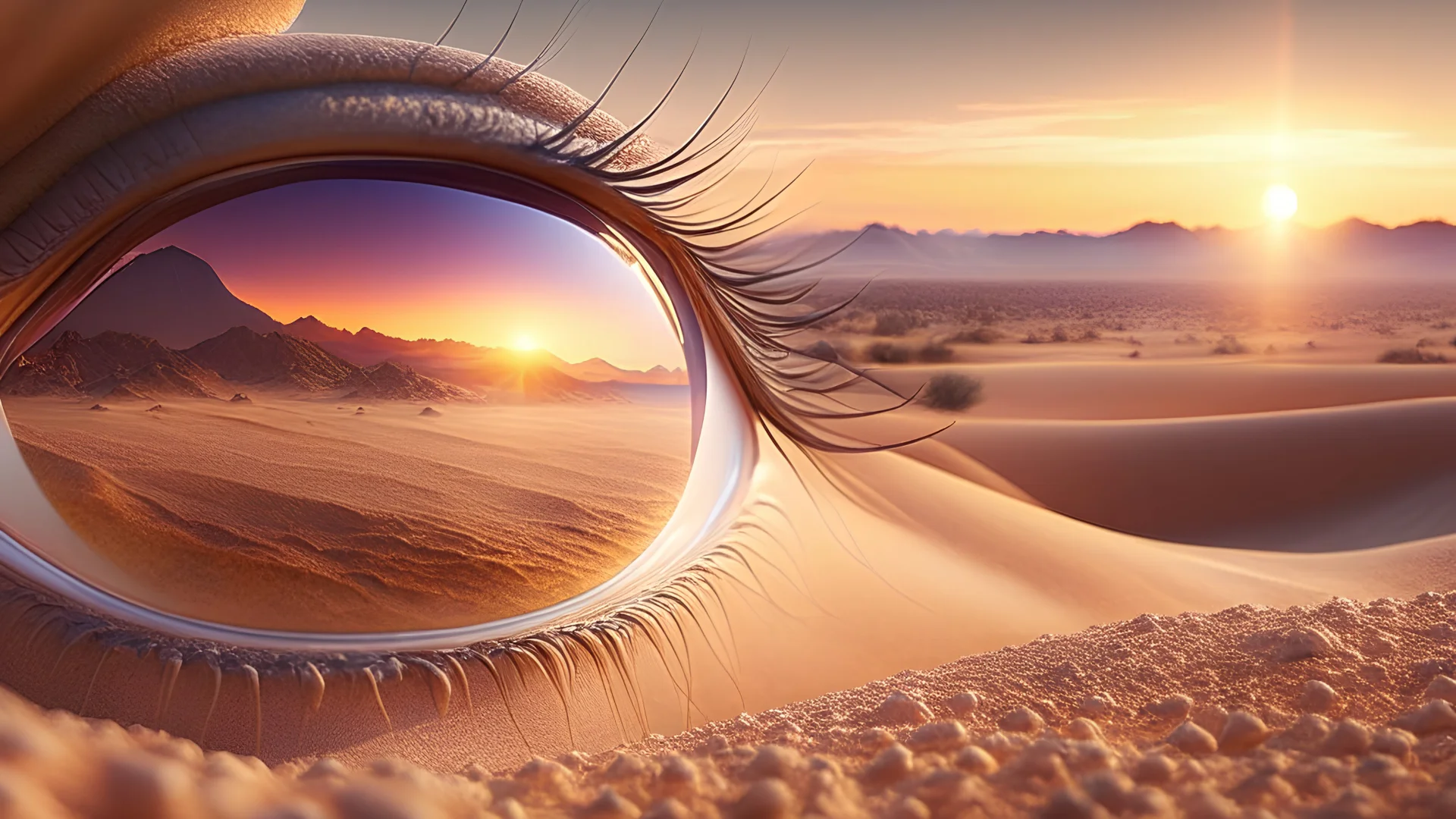 Photoreal close-up of an eye reflecting the desert at dawn