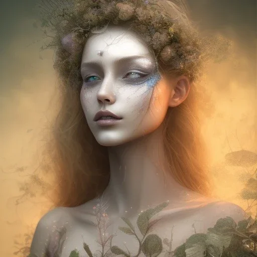 Portrait of beautiful girl, face dept of field,face shining, plant, metal,Unsharp masking, feathers,central weight average,Laplacian filt CWA Dryad,Median filter fae, sidhe, ominous, nature, plants, wildflower sparkle,wildflower 3d view, facepaint, dnd character portrait, intricate, oil on canvas, masterpiece, expert, insanely detailed, 4k resolution, retroanime style, cute big circular reflective eyes, cinematic smooth, intricate detail , soft smooth lighting, soft pastel colors