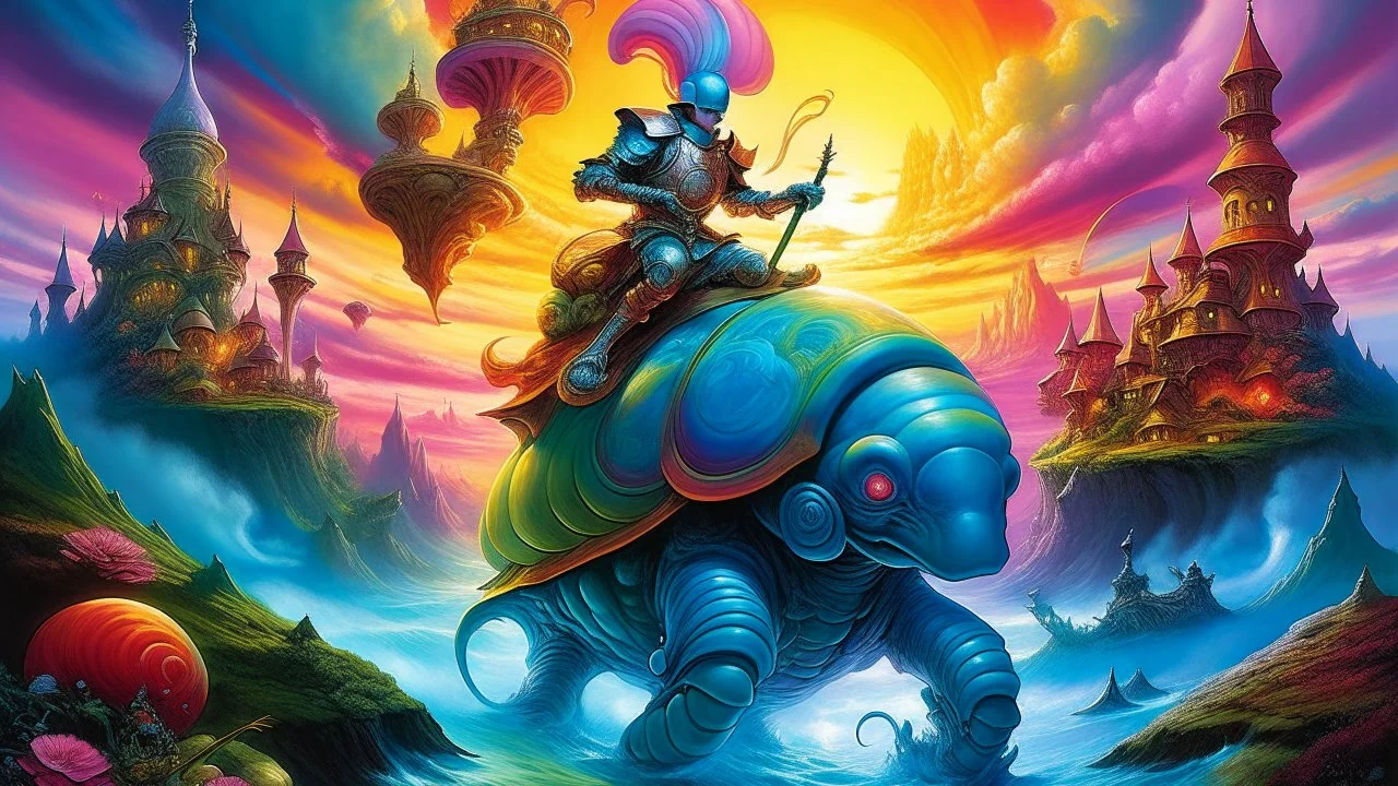 surreal and dreamlike, Surrealist Knight riding a giant snail through a landscape of melting clocks and floating islands, dressed in armor that seems to be made of glass, with a vivid rainbow-colored plume on his helmet, and glowing orbs floating around him during sunset., saturated, pastel, dreamy atmosphere, liquid psychedelic, cold light tones, blue tones, flash light