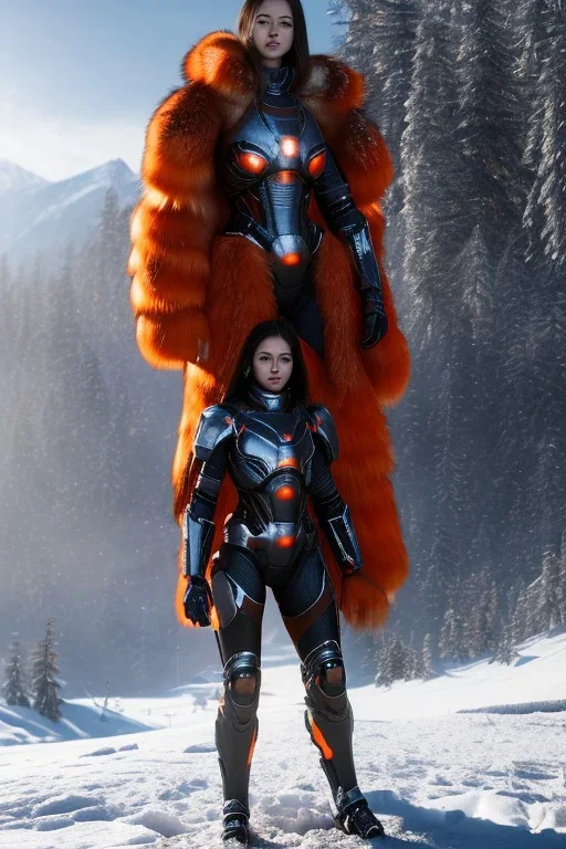 full body portrait of a beautiful girl, wearing glowing orange armor, futuristic armor, relaxed standing posture, nice smile, snowy mountain background, snow, fur cloak, full body, beautiful lighting, warm light, 4k, unreal engine 5