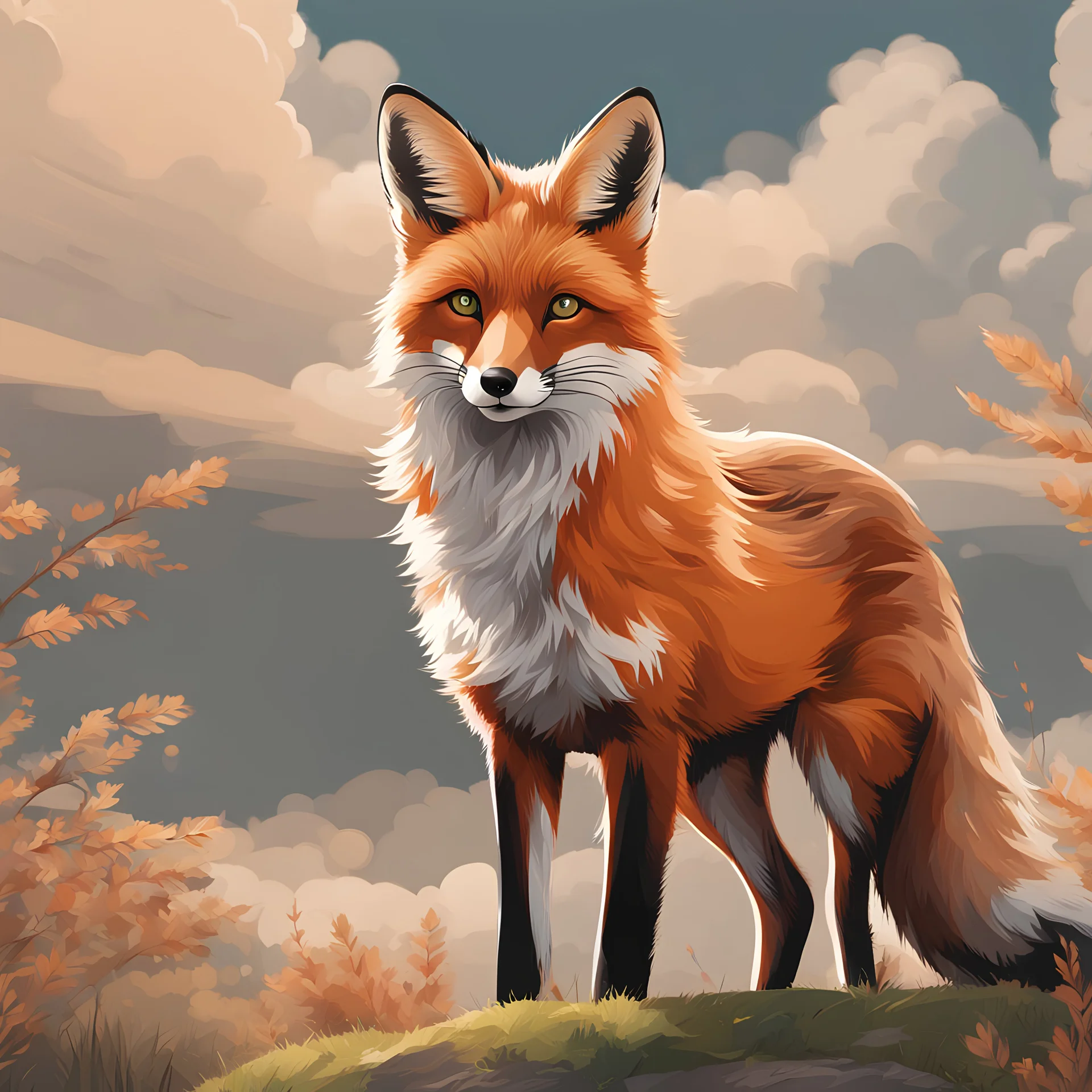 Draw an lineal illustration of a fox, ultra quality, detailed, 8k, full body, clear sky with clouds