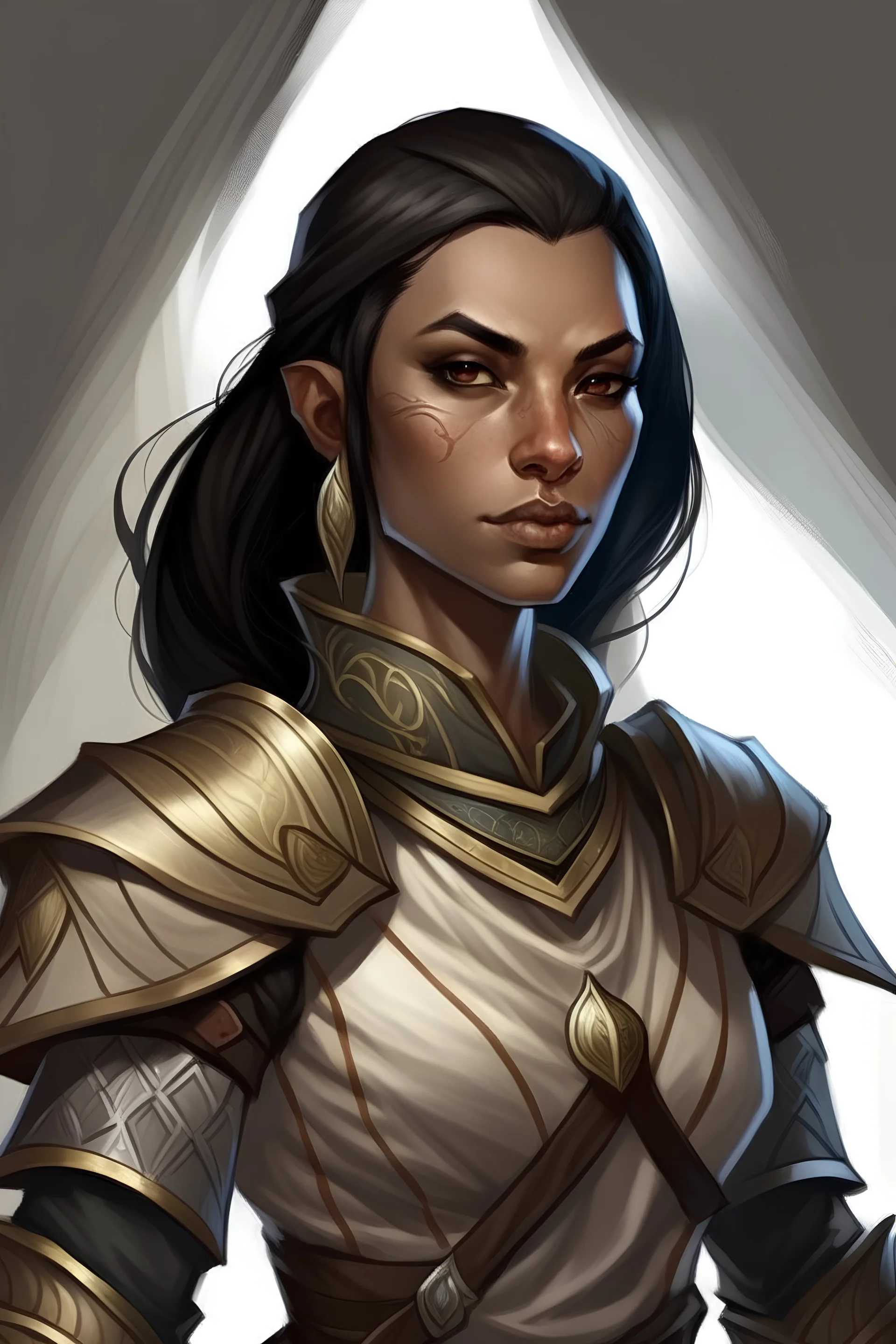 a dungeons and dragons character portrait. A half elf oathbreaker paladin female. Her name is Sylanis, she broke the oath to her god and was abandoned by him. She is willing to do anything to redeem her oath. She looks a bit corrupted by shadows and darkness. She is beautiful, has black hair and is a mighty warrior paladin. She is surrounded by corruption and darkness.