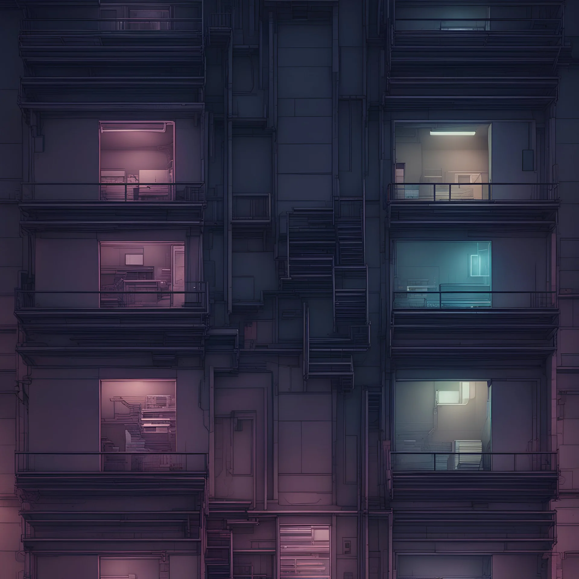 straight orthographic view of the flat side of a cyberpunk building at night photographic