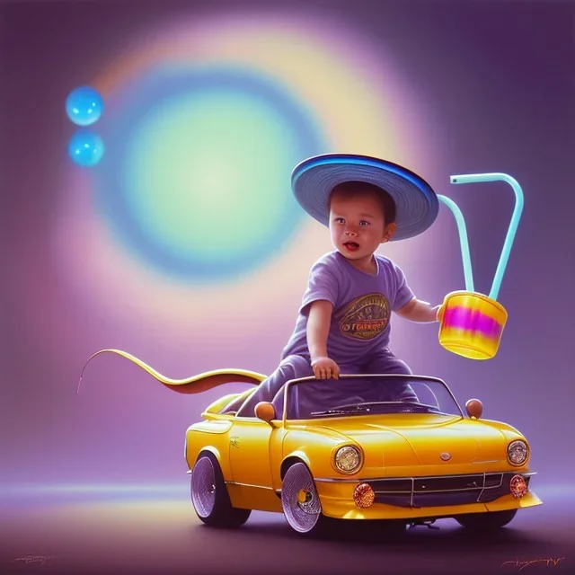 A one-year-old boy rides in the plastic funny toy-car on the middle of a busy street in new york. He has and a large-brimmed straw hat. somehow photographic bright colors and sunset, fantasy art, Anna Dittmann, digital painting, dan mumford, oil on canvas, jeff koons, akihito yoshida, wlop, kodachrome,