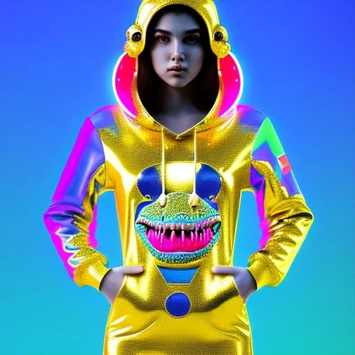 latin woman teenager, few freckles, gold teeth, alligator hoodie, purpurin, retro futuristic, latex dress, gradient color, BLUE, PINK, CYAN, neon, insanely detailed, 16k resolution, perfect eyes, cinematic smooth, intricate detail