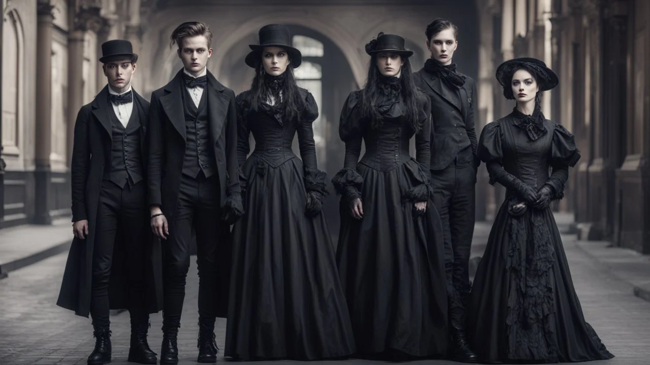 Victorian goth fashion, women and men in nice goth clothes perfect realistic faces, full body, High detailed, sharp focus, looking at the camera, cinematic, masterpiece, high realistic, fashion photo