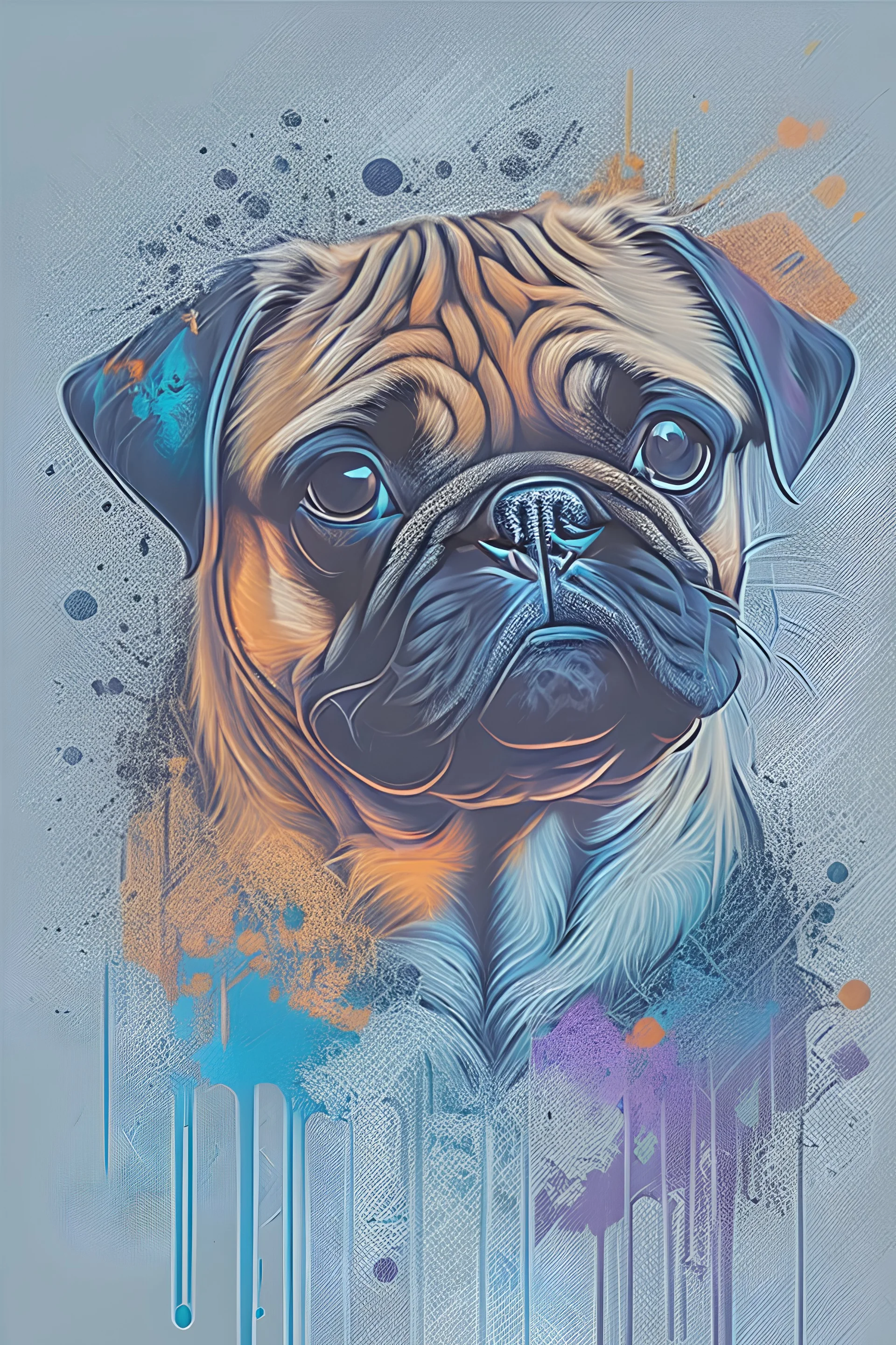 Abstract wet watercolour, portrait of a pug