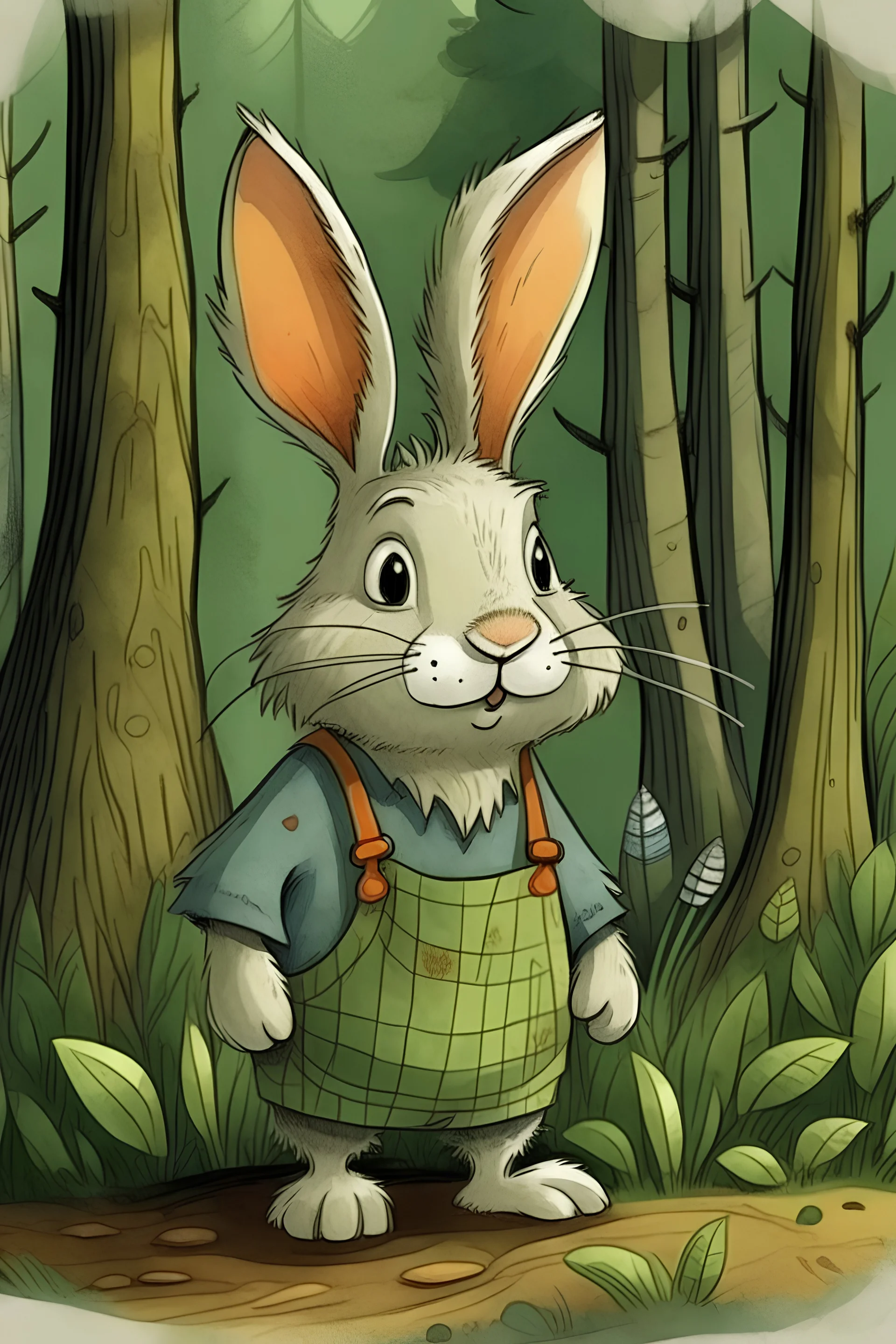 Once upon a time there was a little bunny who lived in a lively forest. The bunny should wear an overall.