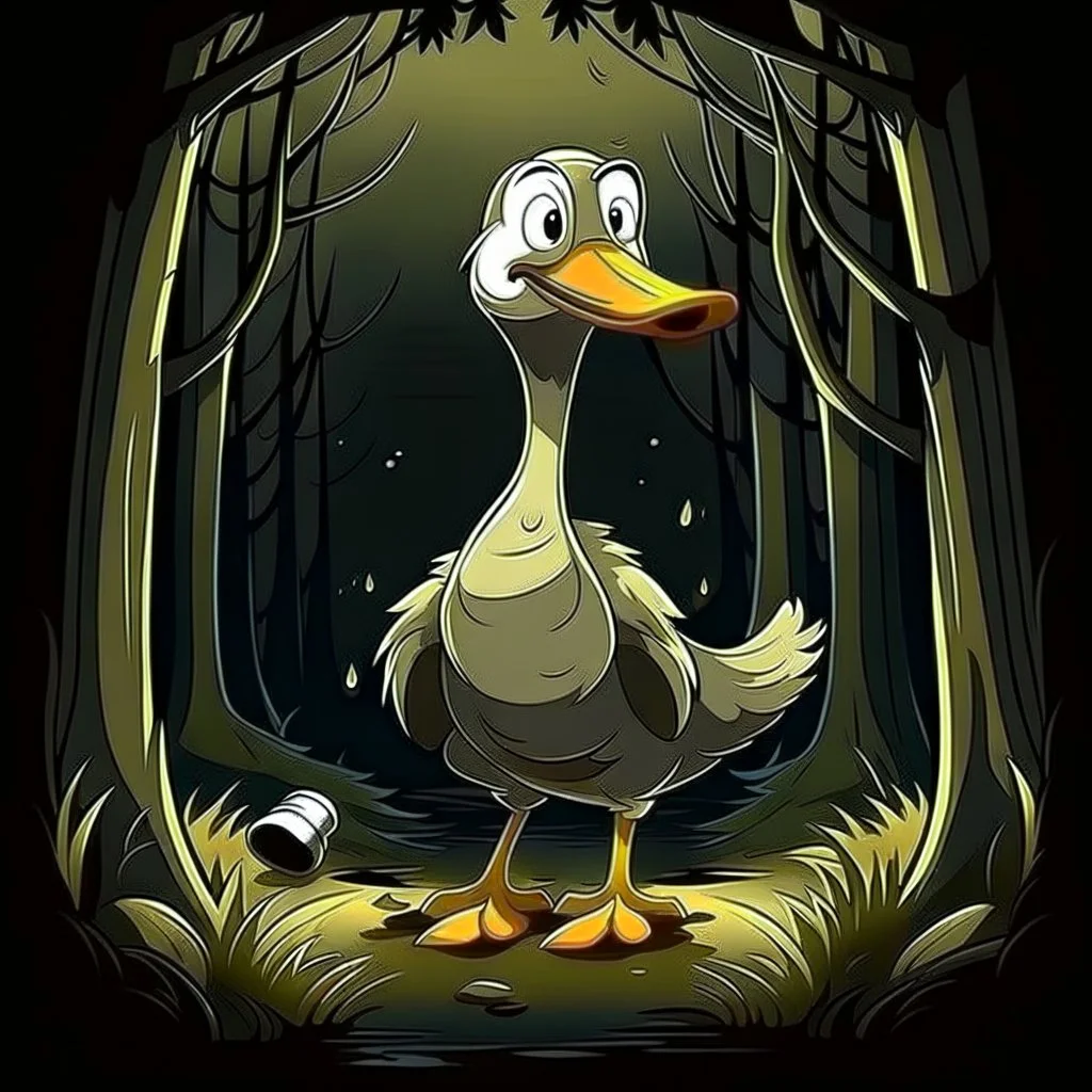 horror cartoon goose in forest with flashlight