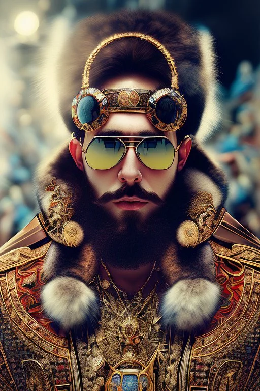 Artistic photo in the audacius style of Jill Greenberg, of man with a luxurious and striking style, abundance of jewelry, oversized square one-piece sunglasses, neat black beard, prints, extravagant, barroque scene , impasto style with thick texture