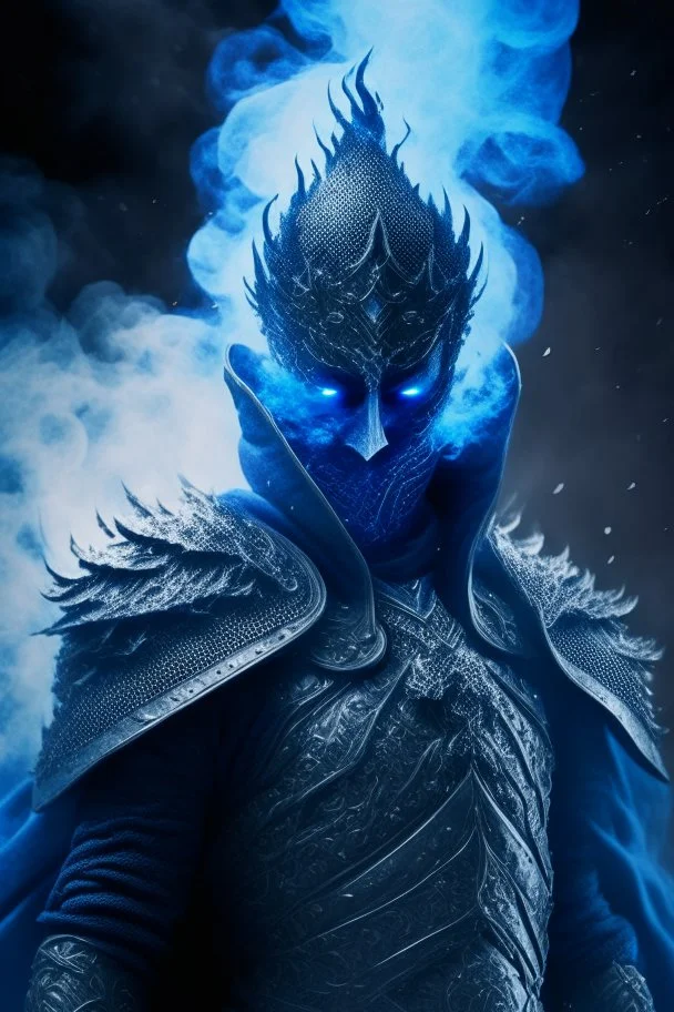 blue smoke in a shape of humanoid of colour of a storm wearing a scalemail armor