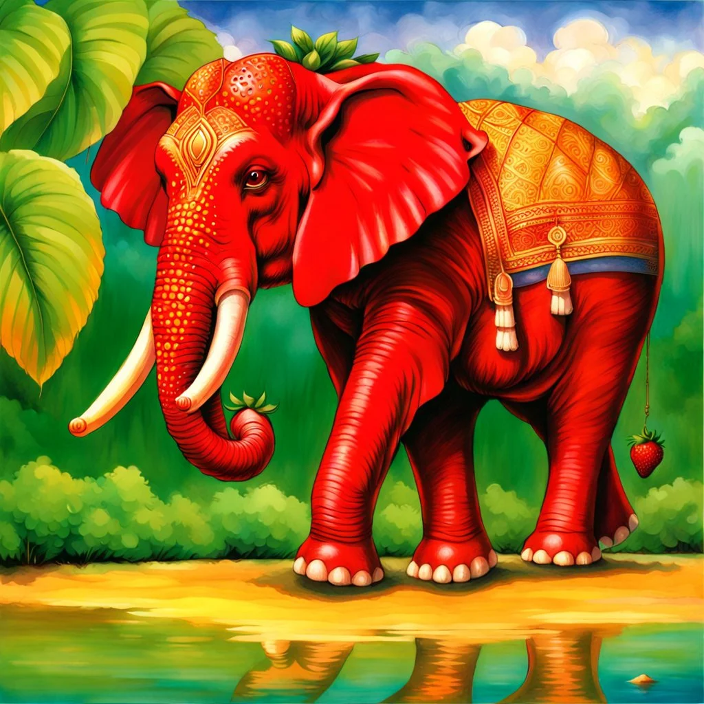 fantasy 90's tcg art of red strawberry elephant with an indian background