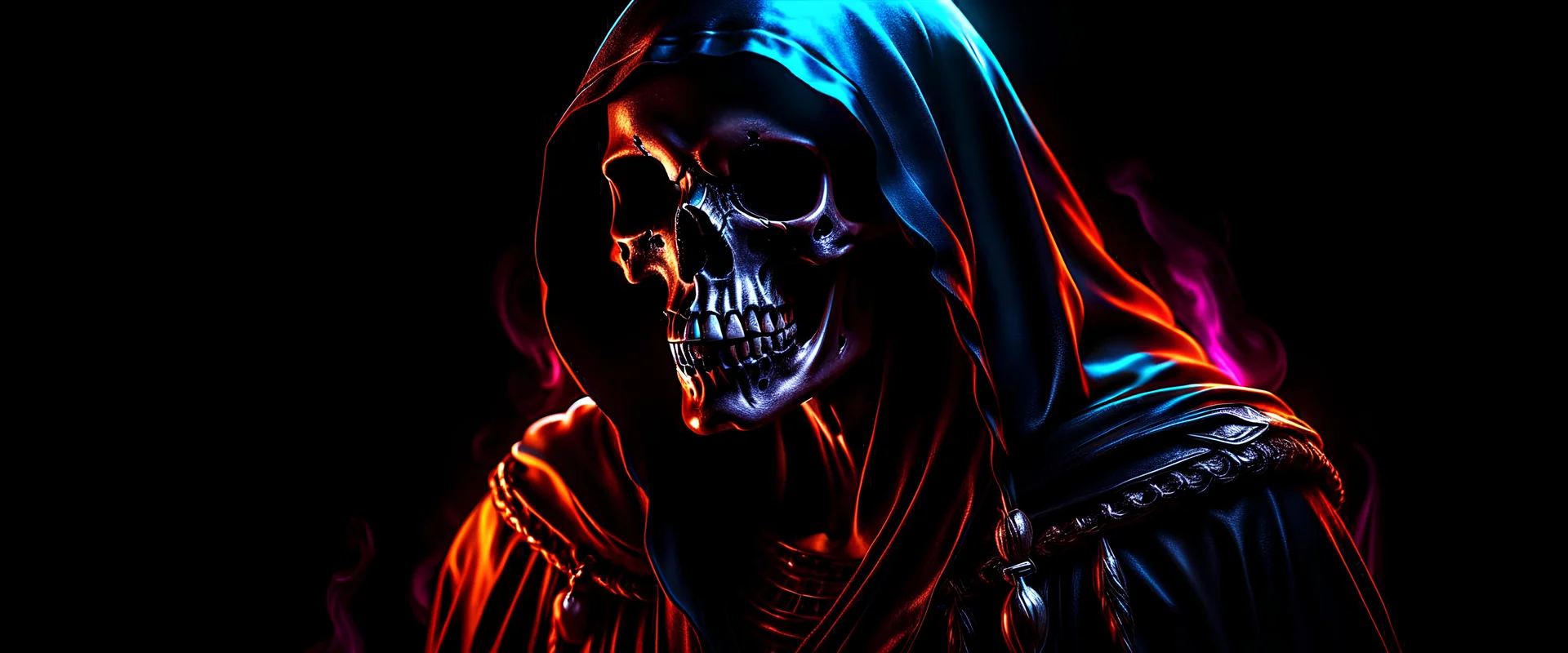 ultra high image quality, hell-tech infused Grim Reaper Close-up of an set against AMOLED-worthy pure black backdrop, fantasy art style infused with filter, tailored for vertical wallpaper, exclusive design with no duplicates, radiating beauty suitable for a PC screen image, vivid colors, ultra fine, digital painting.