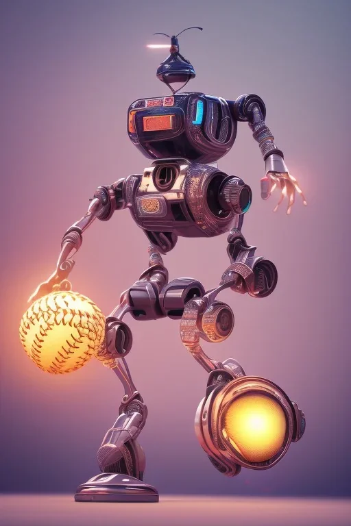 Robot throwing baseball,wide angle view, close-up, macro lens, centered camera, titanium accents, intricate details, small minutiae, tiny features, particulars, colorful, 8k, least ambient occlusion, volumetric lighting, volumetric clouds