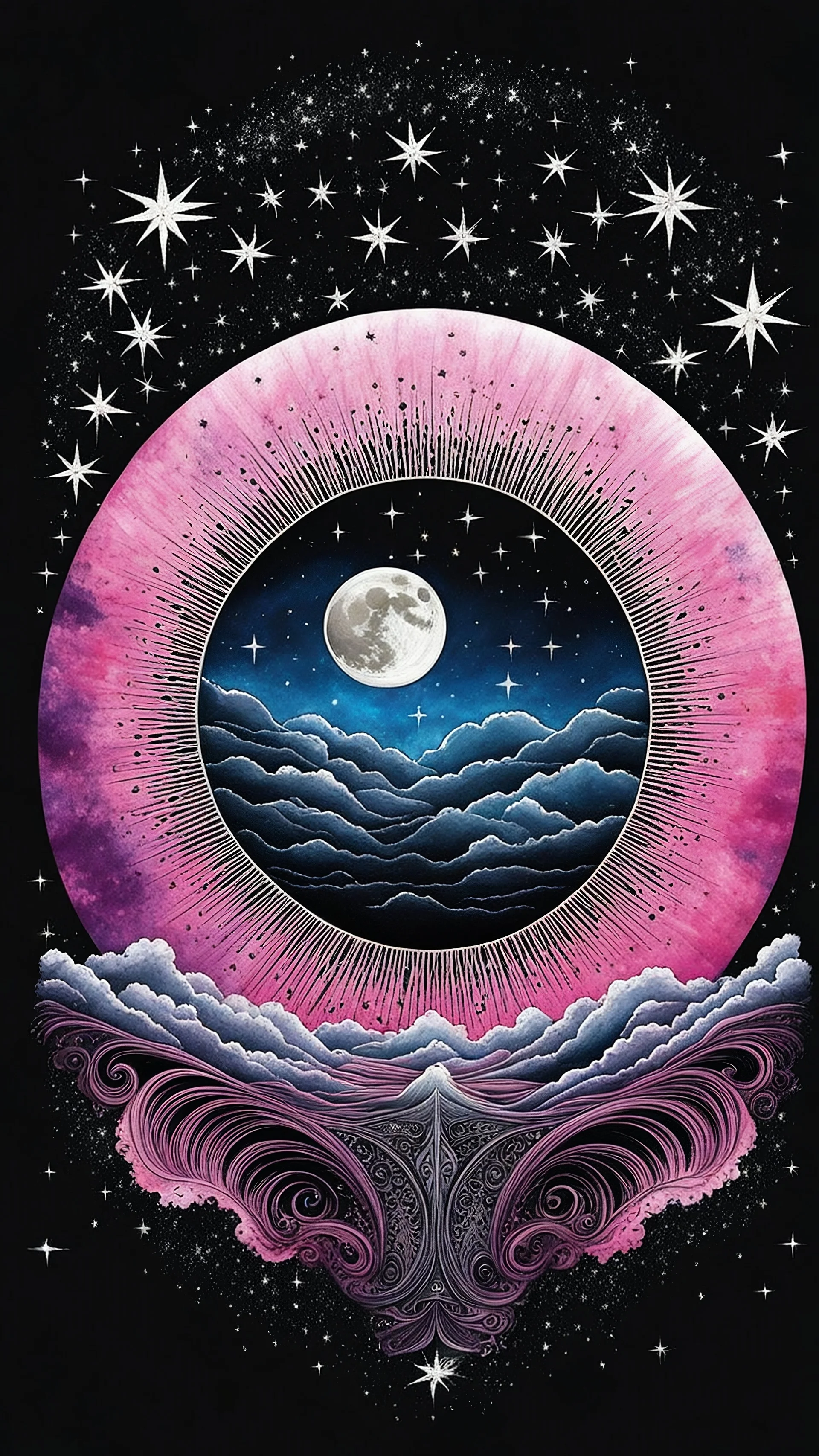 Moon dreams, Pink Floyd tye-dyed colored half-moon half-sun on a dark background, with tiny stars, trippy, beautifully lit, insanely detailed, best quality