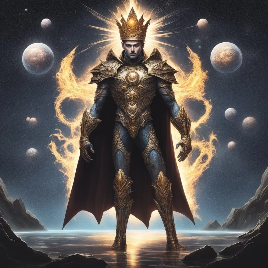 A divine being made from the combination of water and sun with cosmic powers and Dracula God-like man with infinite power who owns the galaxies and wears a beautiful crown A battle suit made of galaxies and stars with a glove that has seven endless stones