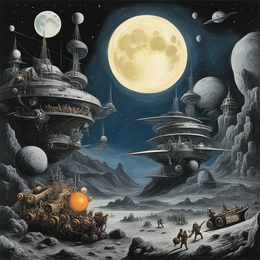 [art by Otto Dix] space pirates land on a rebel moon to hide their contraband cargo picture is in a retro futurist style / Retrofuturism: Where Yesterday’s Tomorrow Still Shines Retrofuturism is a whimsical collision of past and future—a design philosophy that resurrects the utopian tech fantasies of bygone eras (think 1920s–1970s) and splashes them across sci-fi landscapes.