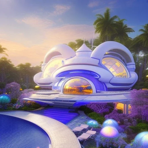 landscape of summer tropical ambient beutiful villa white gold and neon lights bright and colorful bright gloss effect of a futuristic house,like spaceship, natural round shapes concept, large transparent view of the open outdoor garden,sea beach at sunset, gold crystals,with light pink, flowers of Lotus, beutiful pools, light of sun , palmiers,cerisiers en fleurs, wisteria, sun , stars, small waterfalls