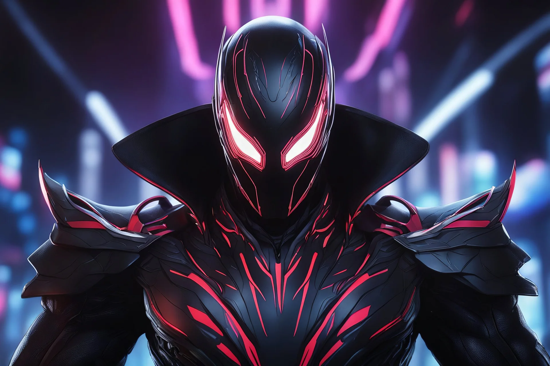 Machine symbiote in 8k solo leveling shadow drawing, jhin model, jhin mask, neon lights, intricate details, highly detailed, high details, detailed portrait, masterpiece,ultra detailed, ultra quality