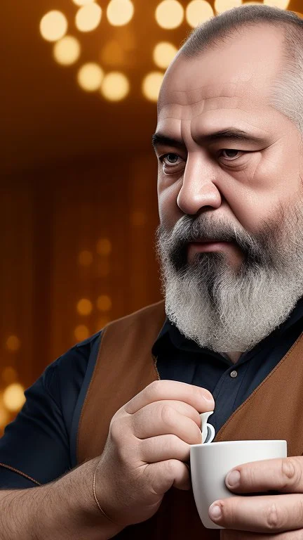 full figure photography of a turkish barman serving coffee, 62 years old, strong chubby man , bearded, in vest, shaved hairs, tattoo, serious eyes, photorealistic, Canon EOS, hyper-realistic, very detailed, emotive eyes, natural colours, sunlight