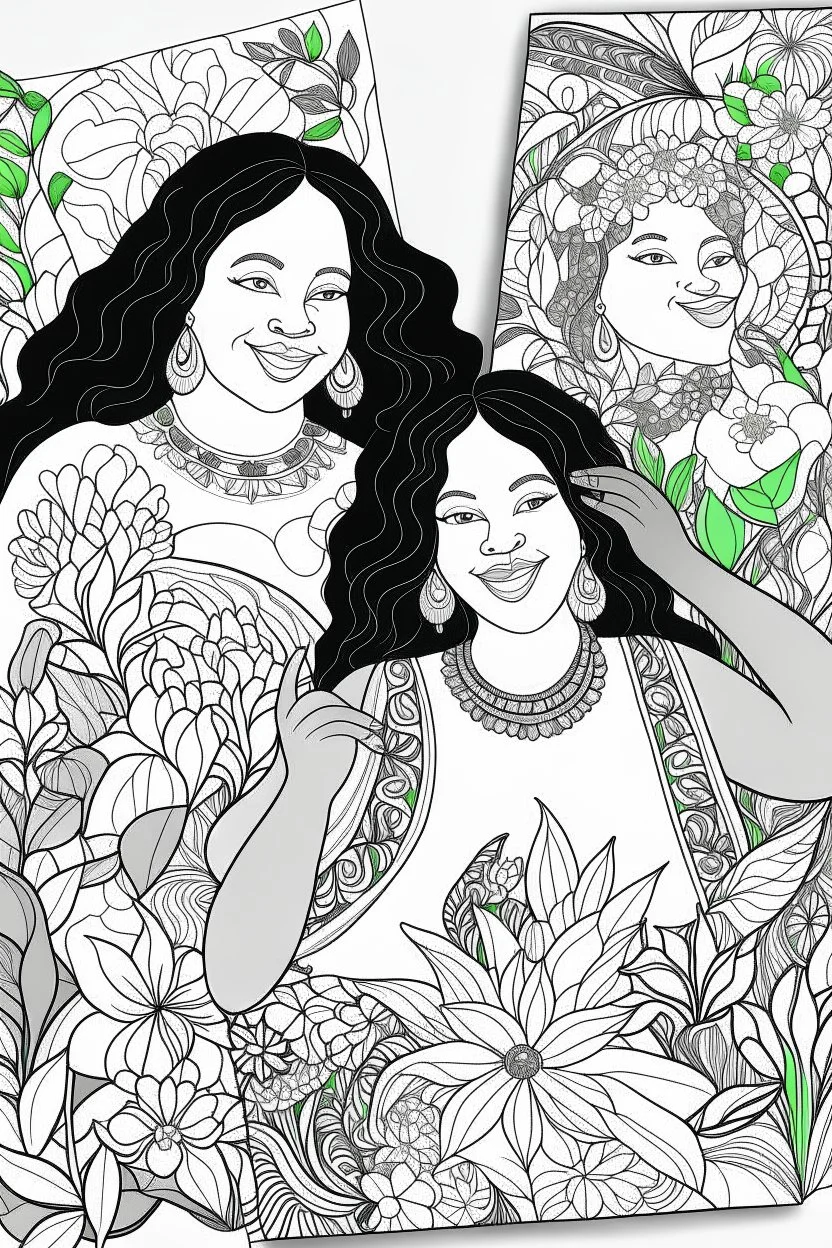 Design a set of delightful coloring pages celebrating the beauty and diversity of black curvy women surrounded by a lush floral background. These coloring pages should encourage creativity and self-expression.