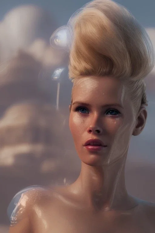 Ultra Realistic retro sci-fi scene, waist up view portrait, blonde woman, sweet young Claudia Schiffer face, perfect iris, glow eyes, makeup. Saturn background, Retro sci-fi style, helmet, tight latex coat, fog, rain, soft color, highly detailed, unreal engine 5, ray tracing, RTX, lumen lighting, ultra detail, volumetric lighting, 3d, finely drawn, high definition, high resolution.