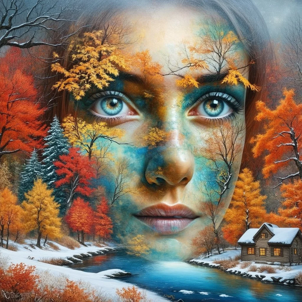 Inspired by Marsha Sue Bell Baker Prompt: Double exposure artwork of a large human face blending with a vibrant landscape, capturing the essence of both autumn and winter. The human face has hauntingly enchanting eyes and a serene expression, seamlessly overlaid with nature. On one side, colorful autumn trees in orange, red, and gold fill the scene with intricate, vivid details, alongside a glimmering river flowing towards a rustic cabin. The other side shows winter with snow-covered branches an