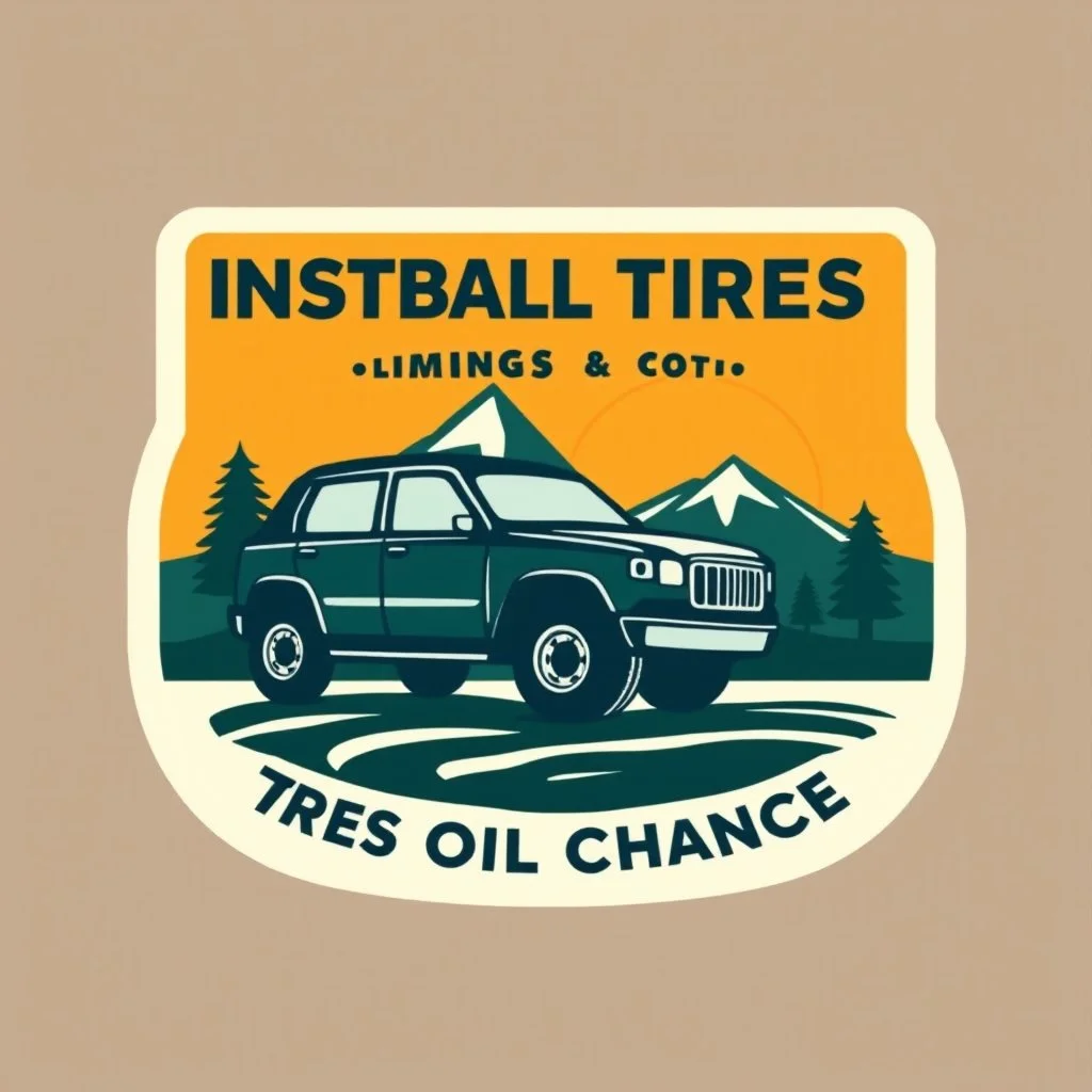 logo for a shop that installs tires and does oil changes, inside a shield shape with squared top and rounded bottom, in the style of national parks stickers